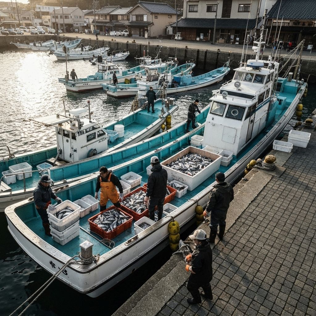 漁船から水揚げされる新鮮な魚